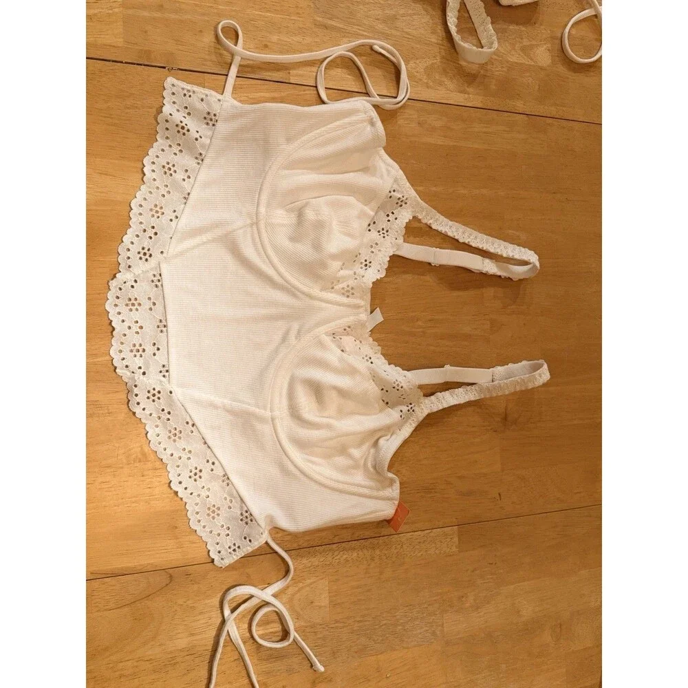 2X XXL Bralette White Ribbed Colsie Structured Wired Cottage Bra Crop Top Eyelet